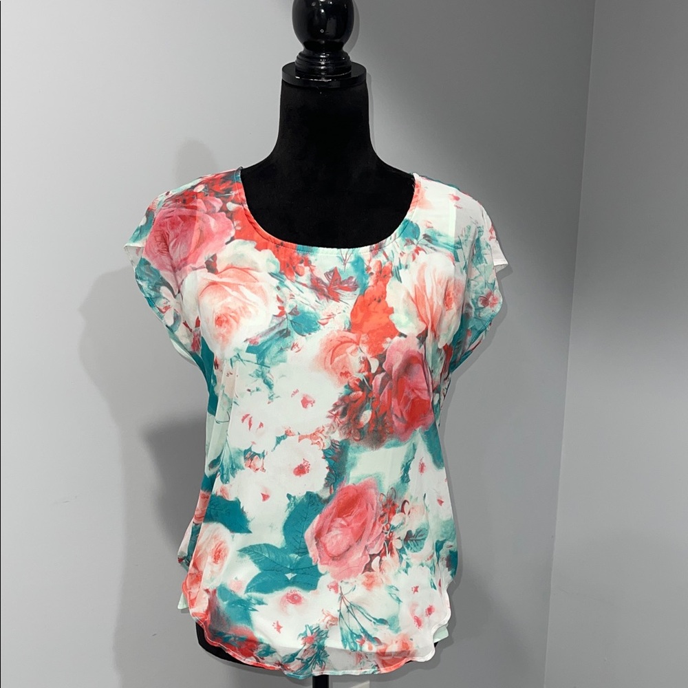T Tahari short sleeve floral top blouse size XS Mint red green NWT